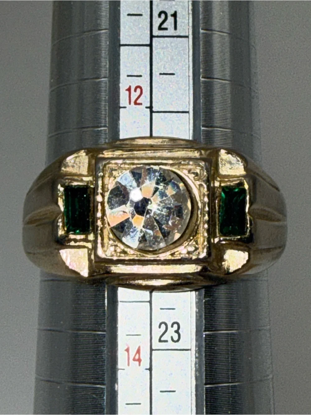 Gold-Tone Men's Signet Ring with Clear Center Stone and Green Accents
